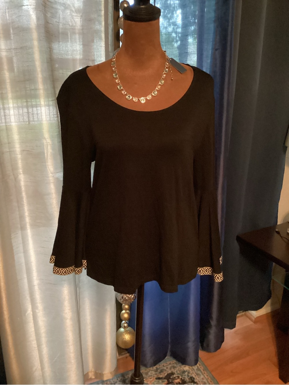 W5 Black Long-Sleeve Bell Sleeve Top with Geometric Trim
